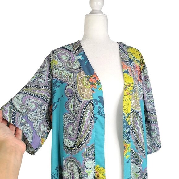 Catherines Boho Turquoise  Paisley Floral Maxi Kimono Cardigan  Cover Up - Picture 4 of 6